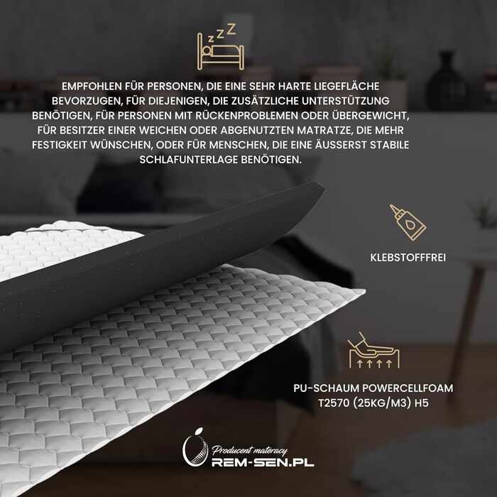 Наматрацник REM-Sen, 90x200 см, висота 6 см, рівень жорсткості 5 (H5). Виготовлений з дуже міцного пінополіуретану з тришаровим мембранним покриттям. Підходить для диванів або будь-якої іншої зони відпочинку. Сертифіковано Oeko-Tex. H5 90 x 200 см