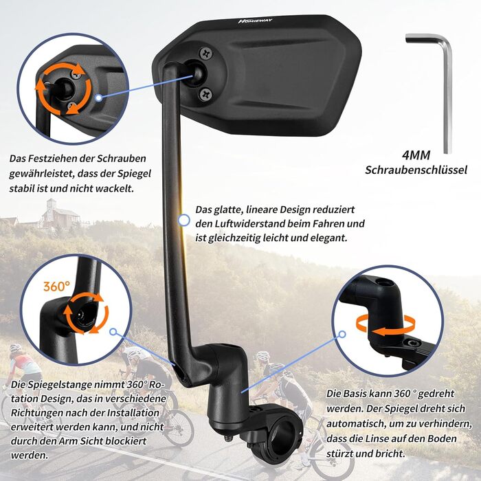 Велосипедне дзеркало, нове функціональне велосипедне дзеркало заднього виду з контрольованим напрямком висування, HD справжнє скло для електросамоката, велике велосипедне дзеркало з обертанням на 360 для керма електровелосипеда ліве (22,2-25,4 мм)