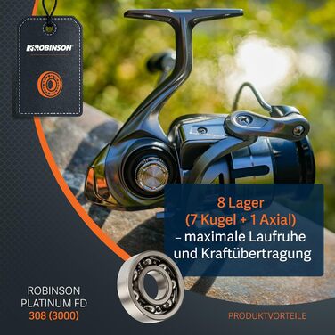 Котушка для спінінгу Robinson з 8 кульковими підшипниками - антиреверс - графітовий корпус - алюмінієва шпуля - передавальне число 5.21 - гальмівний вал 8 кг - котушка для спінінгу - Platinum 3000