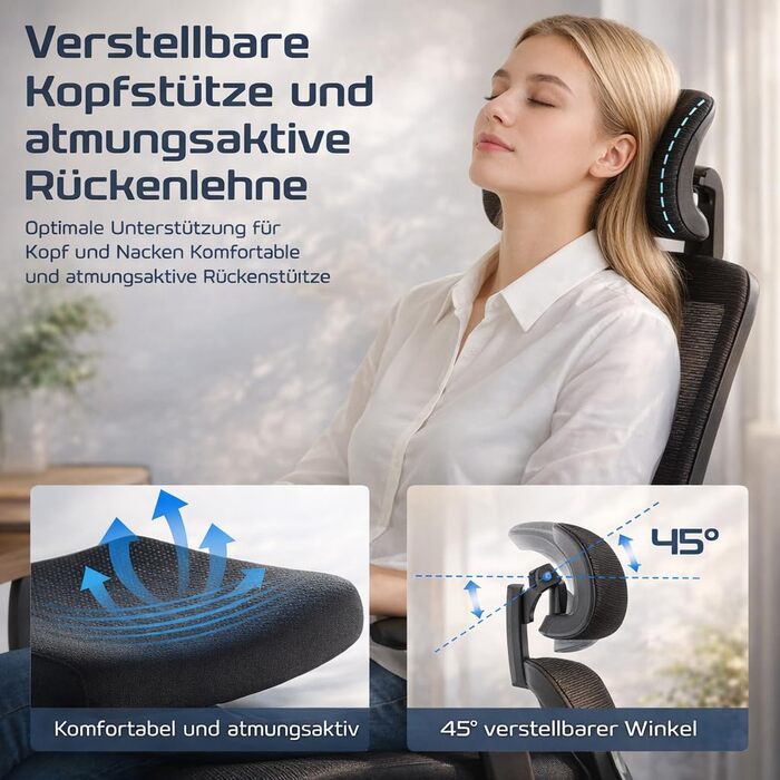 Ергономічне офісне крісло DUMOS, ігрове крісло з регульованим підголівником, підлокітниками, письмове крісло, обертове крісло з поперековою опорою, крісло керівника з сітки, захисне для спини, вантажопідйомність 150 кг, чорний колір