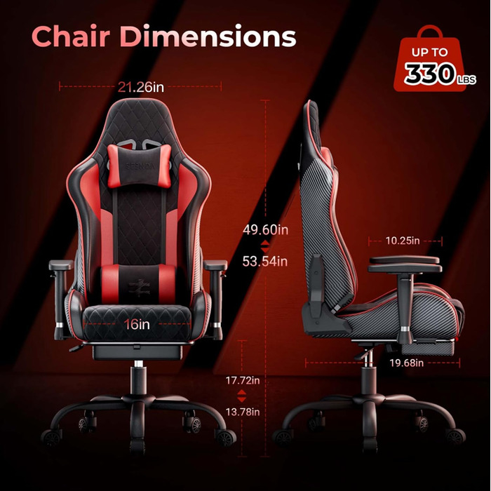 Геймерське крісло seenda GCPro-10 Офісне крісло Спинка з безступінчастим регулюванням на 145 Повністю металевий каркас 150 кг 2D підлокітники 5-дюймова подушка та підголівник/поперекова опора Карбоновий дизайн (uk01)