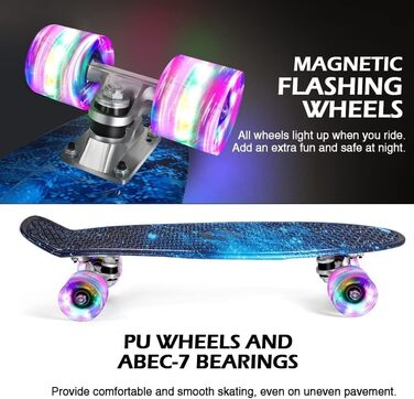 Скейтборд для дітей, підлітків та дорослих BELEEV Mini Cruiser Skateboard 22 Inch – Galaxy Blue, світлодіодні колеса з підсвічуванням