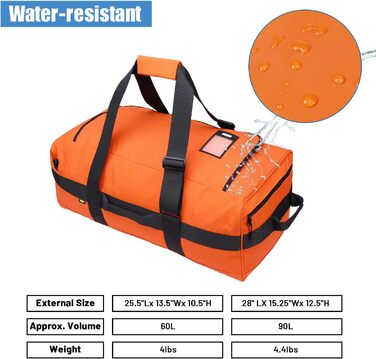 Чоловіча спортивна сумка MIER, водостійка дорожня сумка, великий міцний трансформований спортивний рюкзак з ремінцями для рюкзака та відділенням для взуття для спортзалу, спорту, подорожей, сумка для речей, 60 л/90 л помаранчевого кольору 60 л