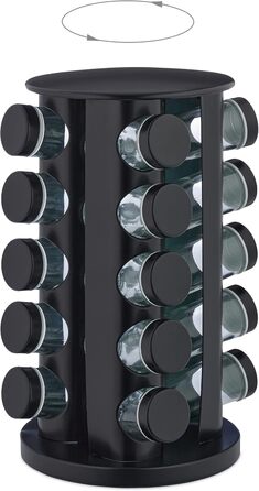 Карусель для спецій Relaxdays з 20 баночками для спецій, включаючи вставку-шейкер, обертова, багаторазова підставка для спецій для кухні, чорна