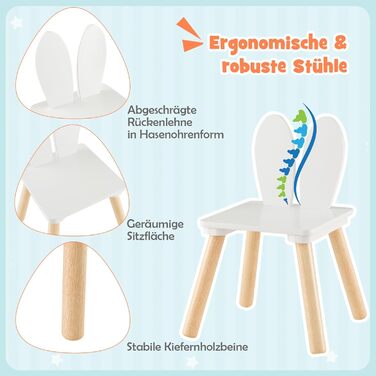 Дитячий стіл DREAMADE з 2 стільцями, комплект дитячих сидінь зі спинкою у формі кролячих вух та ніжками з масиву дерева, комплект із 3 предметів для дітей від 3 років для дитячих кімнат та дитячих садків, білий (білий)