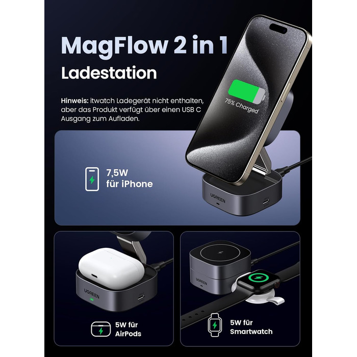 Зарядна станція UGREEN MagFlow 2 в 1 для iPhone, сумісна зі складним бездротовим зарядним пристроєм MagSafe для iPhone 16/16 Pro/1
