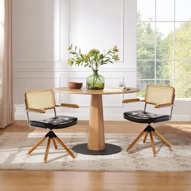 Письмове крісло Zouron з ротанга, чорне - обертове крісло в стилі середини століття без коліщаток, м&39яке офісне крісло зі штучної шкіри з дерев&39яними ніжками, акцентне крісло для домашнього офісу, вітальні, спальні, , чорного кольору