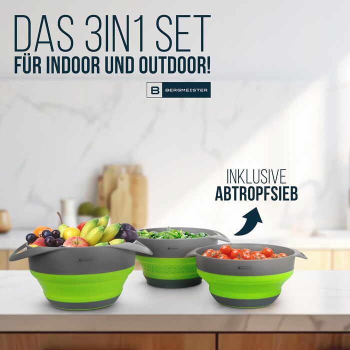 Складаний набір мисок 3-в-1 з ситечком, 1,7 л / 2,8 л, багатофункціональний, можна мити в посудомийній машині, компактний варіант для дому та кухні на природі, антрацитово-зелений