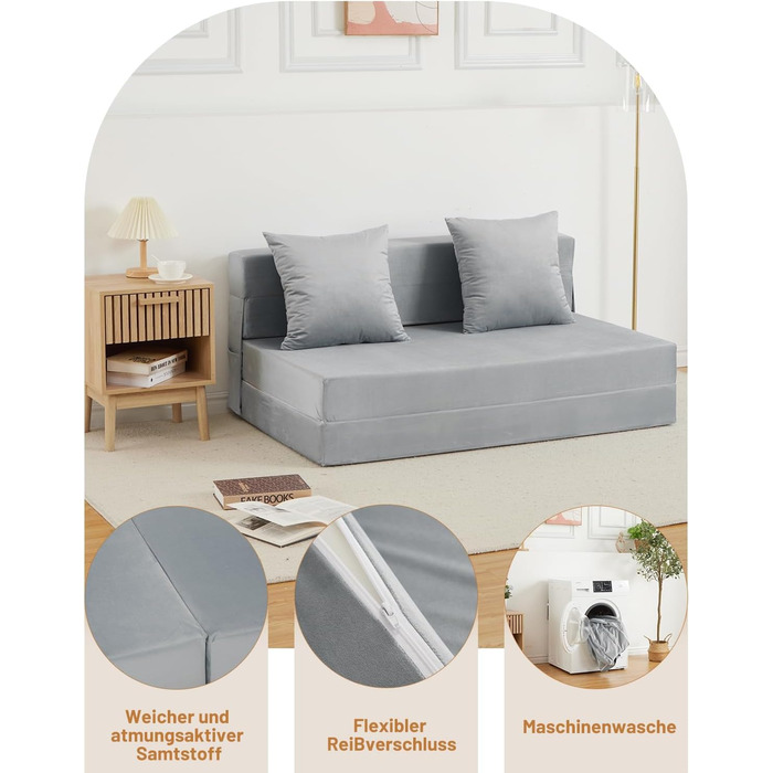 Диван-ліжко HAUSPROFI з оксамитовою оббивкою та 2 подушками, знімний чохол, який можна прати, розкладний матрац з високоеластичною PU губкою, спальна зона 140 см x 200 см (сірий)