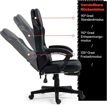 Чорно-зелене ігрове крісло - з підставкою для ніг - ергономічне - з регульованою висотою