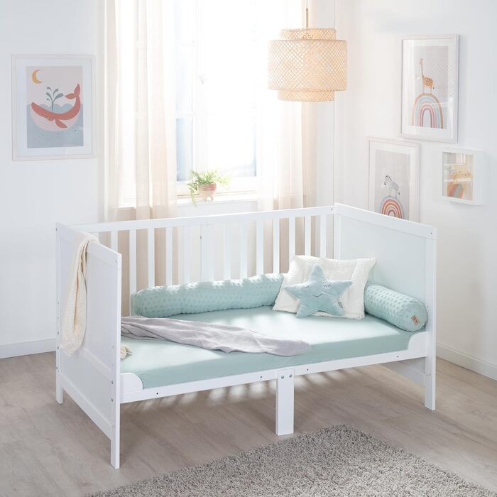 Дитяче ліжко roba EASY SLEEP 70 x 140 см, включаючи кутові перетяжки - Трансформоване ліжечко з 3 регулюваннями висоти - 3 знімні перекладини - Біле лаковане дерево - Матрац не входить до комплекту