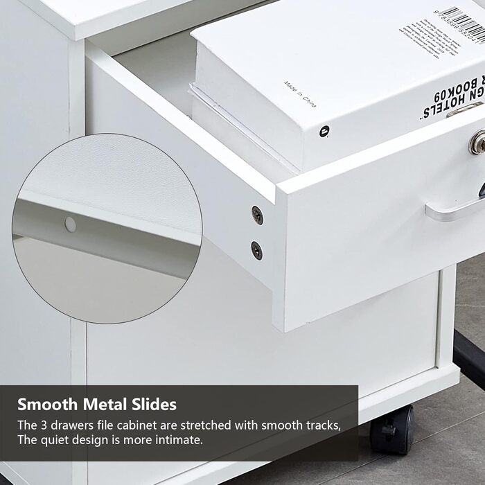 Шафа для документів на колесах із замком, дерев&39яна, з шухлядою та закритим місцем для зберігання, мобільна шафа під столом для паперу та папок формату А4, біла, 1 шухляда 1 дверцята для зберігання