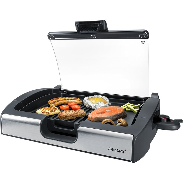 Настільний гриль Steba BBQ зі скляною кришкою, велика поверхня гриля 29,0 x 40,0 см, гаряча зона, індикатор контролю температури,