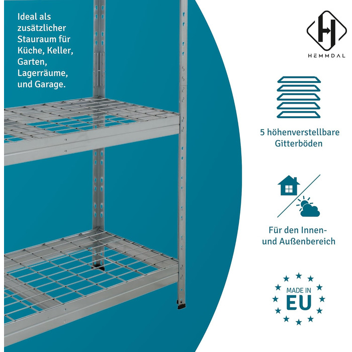 Вуличний стелаж із широким прольотом - вантажопідйомність 1500 кг - ВxШxГ 180 x 90 x 45 см - стелаж без болтів з 5 полицями з регульованою висотою - максимальне навантаження на полицю 400 кг - сертифікований TV - надміцний стелаж з оцинкованої сталі, тип 