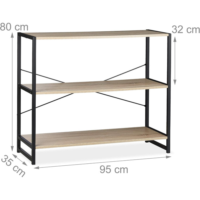 Окремостояча полиця Relaxdays Industrial Design з 3 відділеннями, коричневий/чорний Горизонтальна книжкова полиця, ВШ 80 x 95 x 35 см, ПБ/метал