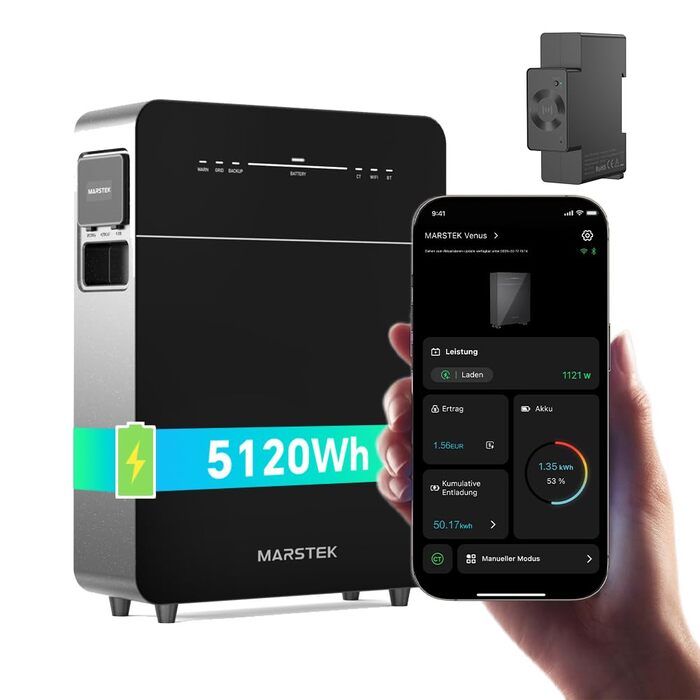Балконна електростанція Marstek Venus E 3.0 з накопичувачем система накопичення енергії змінного струму з лічильником, 0 ПДВ, 5,12 кВтгод LFP, 2,5 кВт фотоелектричних панелей вхід/вихід, можливість розширення до 15,36 кВтгод, Plug&Play 5120 Втгод лічильни