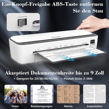 Термоламінатор для формату A4, ламінатор A4, термоламінатор 11 в 1 з 36 ламінувальними пакетами, холодним/гарячим ламінатором, 3 ріжучими головками та вбудованим тримером для школи, дому та офісу, A4 білий