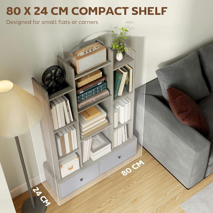 Книжкова полиця HOMCOM Tree, 12-ярусна підлогова книжкова шафа з 2 складними шухлядами, окремостояча книжкова полиця для зберігання речей, вітальні, домашнього офісу, спальні, графітовий ефект дерева