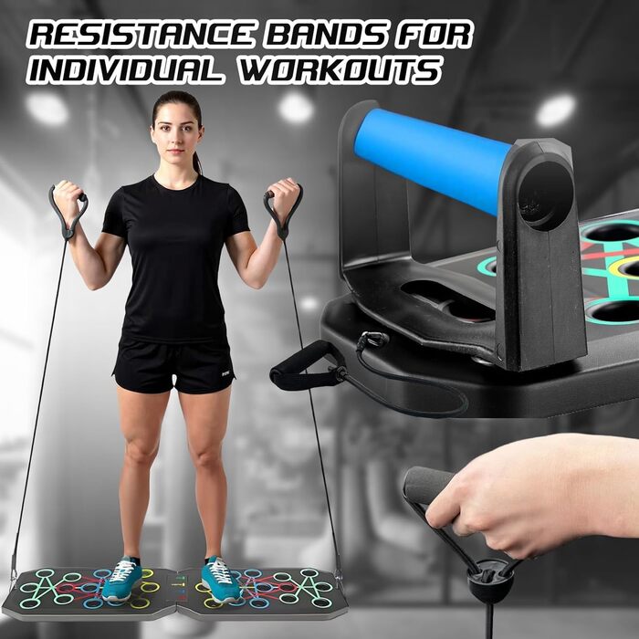 Дошка для віджимань, віджимання з ручкою та таймером відліку, складна багатофункціональна фітнес-дошка, дошка для тренувань віджимань з 2 еластичними канатами опору для тренування м&39язів та фітнесу