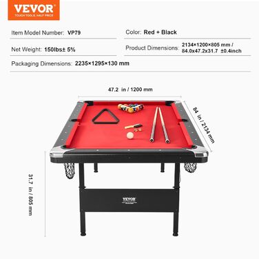 Більярдний стіл VEVOR 2,13 м, складаний, з комплектом аксесуарів, чорний