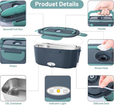 Електричний ланчбокс з підігрівом, портативний контейнер для їжі 1.5 л з нержавіючої сталі, герметичний. 3-в-1 для автомобіля (12V/24V), офісу (220V) та подорожей, з виделкою, ложкою та термосумкою (зелений)