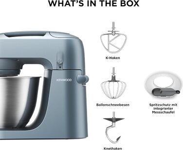 Кухонна машина Kenwood Go KZM35.000GY, компактна, чаша 4 л, K-гак, вінчик, гак для тіста, захисний екран та мірна ложка, металевий корпус з ручкою, 800 Вт, синьо-сіра