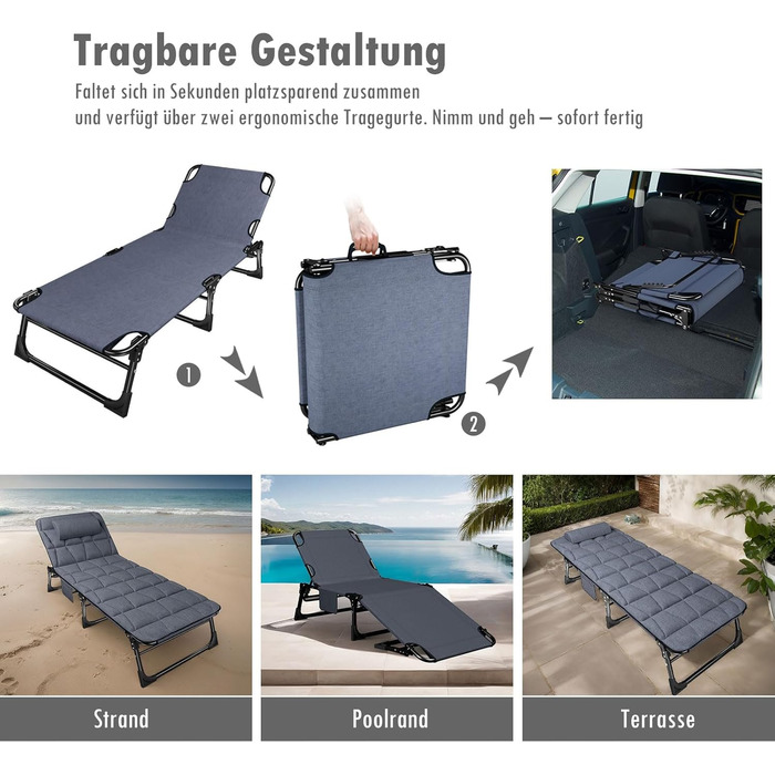 Складаний шезлонг з 4 регульованими положеннями спинки, портативна універсальна комбінація кемпінгового ліжка/шезлонга для саду, басейну, патіо, м&39який матрац та подушки - синій