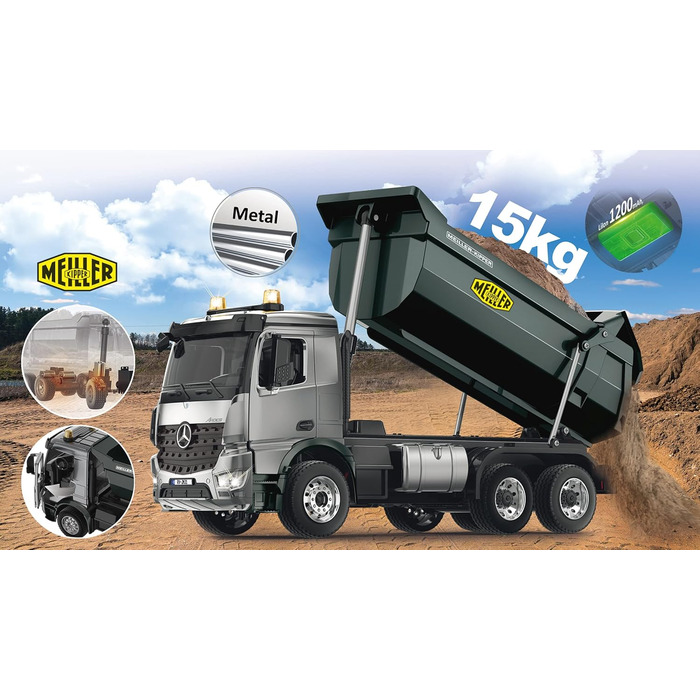 Модель самоскида Mercedes-Benz Arocs Meiller Metal 120 2,4GHz Підйомний механізм 15 кг, металеві шестерні, металевий кузов, повний привід (4WD), підвіска, гумові шини, LED освітлення / сигнальні вогні