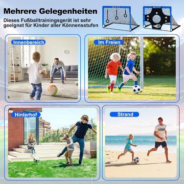 Висувні футбольні ворота для дітей, садові футбольні ворота, вуличні футбольні ворота для дітей з цільовими зонами, три ворота, футбольні, 6 перешкод та сумка для перенесення, сині