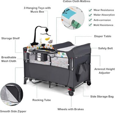 Дитяче ліжечко LIFEZEAL з матрацом, складне дитяче ліжечко з пеленальною дошкою та іграшками, дорожнє ліжечко з тканини Оксфорд, 2 рівні, регульована висота, вантажопідйомність 10/15/10 кг (сірий колір)