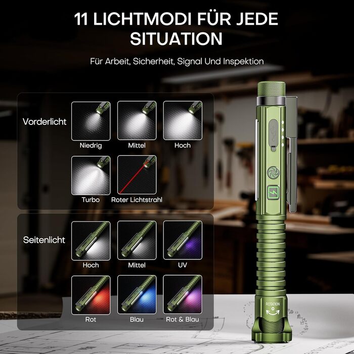 Акумуляторний ліхтарик EDC, світлодіодний робочий ліхтарик 800 люмен із магнітним затискачем та магнітною основою, 11 режимів роботи, пальцевий ліхтарик COB, ідеально підходить для майстерні, дому та аварійного освітлення, великий, зелений
