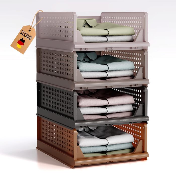Органайзер для гардеробу, що штабелюється, складний органайзер для шафи, висувний багатофункціональний ящик для зберігання, висувні ящики для зберігання у ванній кімнаті, спальня - коричневий Rzwj02-baun, 4 шт.