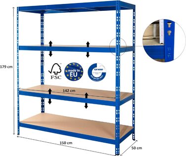 Міцний стелаж CALLIDUS 150 x 50 см I Lyon blue I металевий стелаж, полиця для зберігання, стелаж без болтів, полиця для підвалу