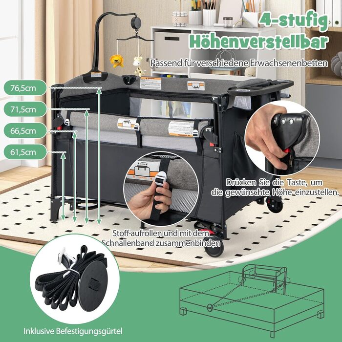 Дорожнє ліжечко 5 в 1 для немовлят, 120 x 60 см, приліжкове ліжко з матрацом та пеленальний столик, музичний мобіль та іграшки, дитяче ліжечко з регульованою висотою для немовлят від народження (темно-сірий)