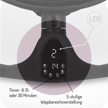 Електронний шезлонг для немовлят до 9 кг з LED-дисплеєм, пультом дистанційного керування та Bluetooth, живлення від батарей або мережі, 5-точковий ремінь безпеки, дуга з іграшками, колір чорний