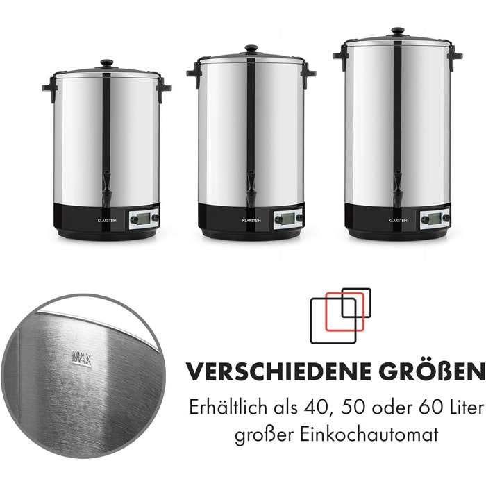 Цифрова консервуюча машина Дозатор для консервації горщиків для консервації гарячих напоїв, 50 літрів, 2500 Вт, 30-100 C, таймер, функція збереження тепла, кришка із закриттям, полірована нержавіюча сталь Konfistar Digital 50 літрів, 50