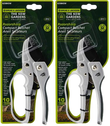 Компактні секатори Spear & Jackson 6258KEW з колекції Kew Gardens з тріскачкою та ковадлом (упаковка з 2 шт.), сріблясті, 18x3,5x1,5 см (упаковка з 2 шт.)