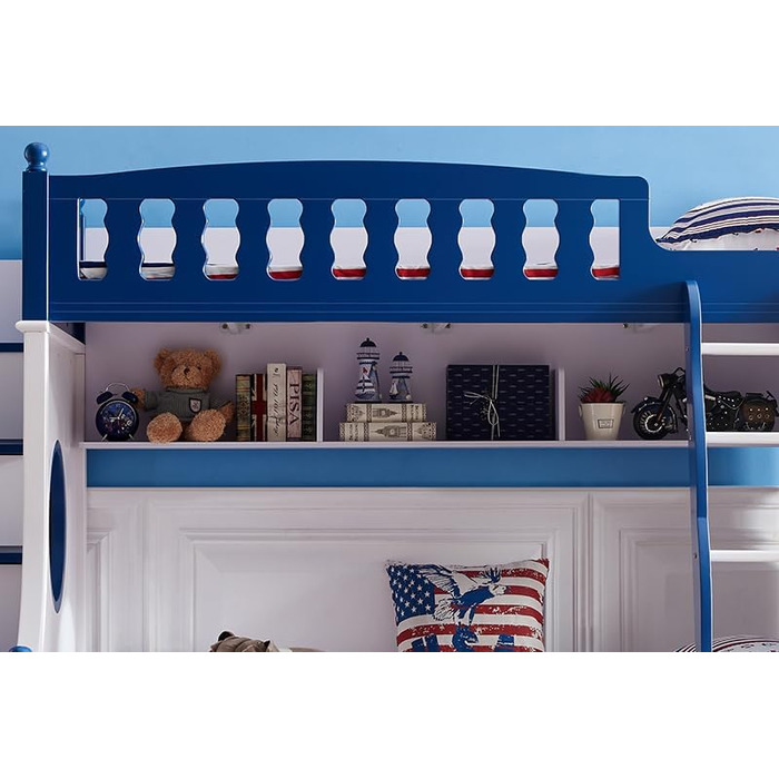 Дитяче двоярусне ліжко JooTech ліжко-горище дитяче ліжко функціональне ліжко зі сходами з полицею з ящиками 3 спальних місця синій