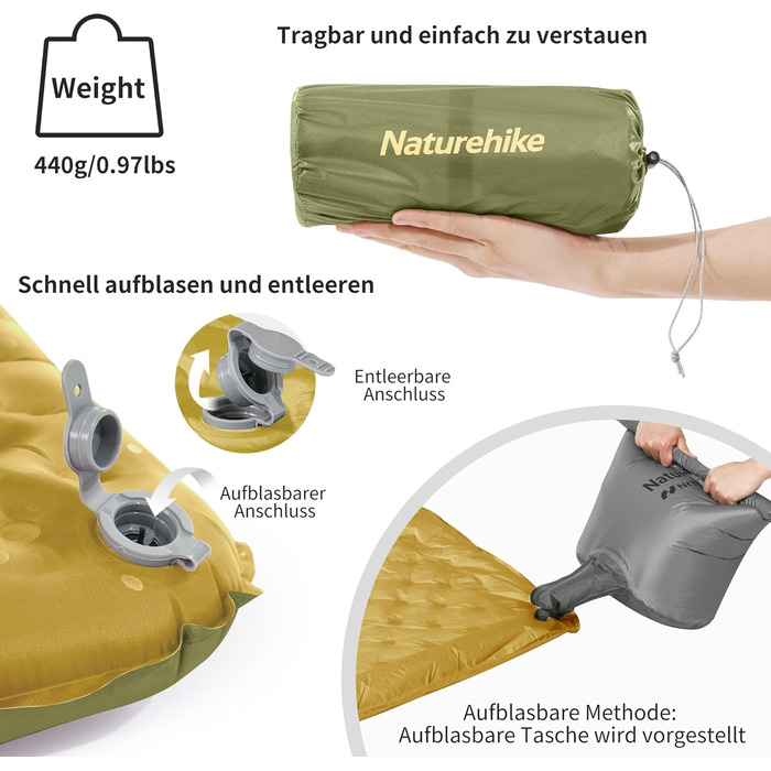 Килимок для сну Naturehike з високим R-значенням 3.5, ультралегкий, 4 сезони (6), самонадувний, з надувним мішком, міцний, високий R-значення, висока ізоляція, для зими, військово-зелений - Мумія - L