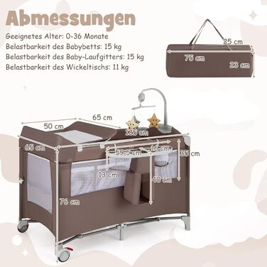 Складана приліжкова ліжечка COSTWAY 5 в 1, дорожнє ліжечко з матрацом, 2-рівневе дитяче ліжечко з колесами, ігрова арка та пеленальний килимок, колиска з люлькою для дитини до 3 років (коричневий)