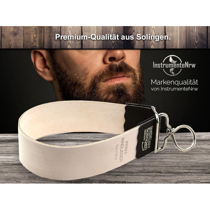 Ремінь для правки ножів і бритв Solingen 40×4.5 см двосторонній натуральна шкіра InstrumenteNRW груба + тонка сторона для заточування опасної бритви та ножів оригінал Німеччина Solingen 2025