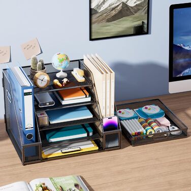 Органайзер для столу Marbrasse з тримачами для файлів, 5-ярусний лоток для листів з шухлядою та 2 тримачами для ручок, сітчастий лоток для настільних аксесуарів, тримач для журналів та офісного приладдя (чорний) 42 x 30 x 28 см