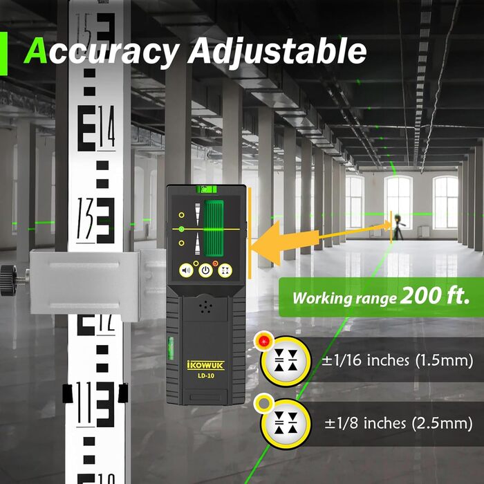Лазерний приймач, лазерний детектор для імпульсного перехресного лазера, зелені лазерні промені до 200 футів, двосторонні РК-дисплеї з двостороннім підсвічуванням з налаштуваннями точності, двостороннє підсвічування