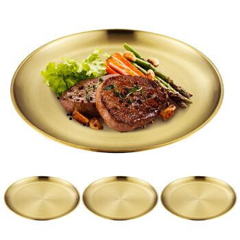 Набір з 4 золотих підносів, діаметр 23 см Сервірувальні підноси з нержавіючої сталі 201, декоративні тарілки золотого кольору, круглі підноси для кухні, ресторану, кафе, кемпінгу та вечірок