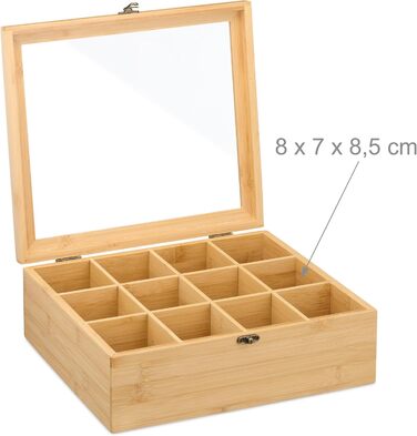 Чайна коробка Relaxdays, 12 відділень, для зберігання чайних пакетиків, бамбук, чайна скринька з оглядовим віконцем, ВxШxГ 11 x 32 x 28 см, натуральний колір