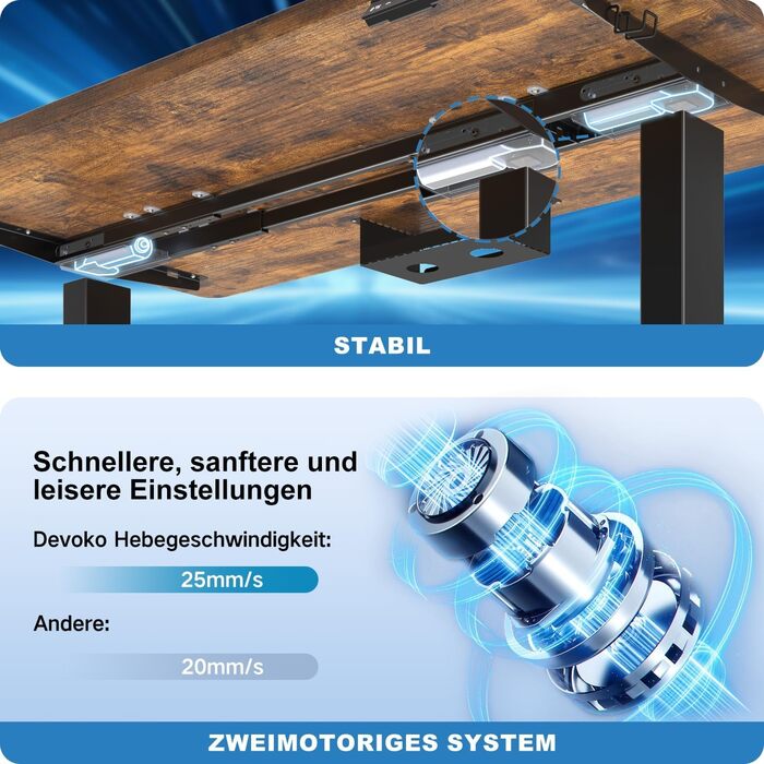 Стіл Devoko з регульованою висотою та 2 двигунами, цільна стільниця 25 мм, 160x80 см, мобільний електричний комп&39ютерний стіл з організацією кабелів, вінтажний коричневий - ідеальна ергономіка для вашого офісу, вінтажний коричневий чорний, 157x77 см