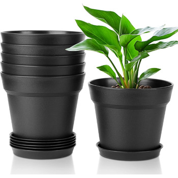 Пластиковий квітковий горщик з блюдцем, набір з 6 пластикових горщиків для трав з декількома дренажними отворами, кругла кашпо для