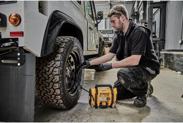 Акумуляторний компактний компресор Dewalt (підключення 12 В або акумулятор 18 В, 11 бар, для велосипедних та автомобільних шин, інвалідних візків, надувних човнів, повітряних подушок та матраців, включаючи аксесуари, без акумулятора та зарядного пристрою)