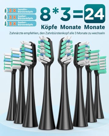 Електрична зубна щітка для дорослих і дітей звукова щітка з 8 насадками (3 типи), 90 днів роботи від акумулятора, 5 режимів, 50000 обертів на хвилину, дорожній футляр, таймер, чорний колір