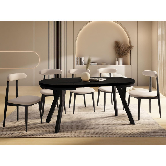 Круглий розкладний обідній стіл у стилі лофт Індустріальний стіл з чорними дерев&39яними ніжками Компактний обідній стіл для вітальні Чорний 90-190 см Чорний 90 / 190 см